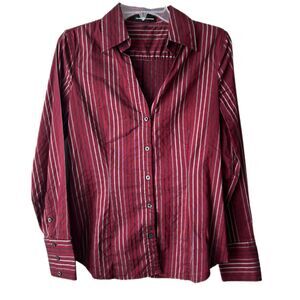 Express Design Studio Button Down Red Striped Cotton Blend V-Neck Shirt Sz M